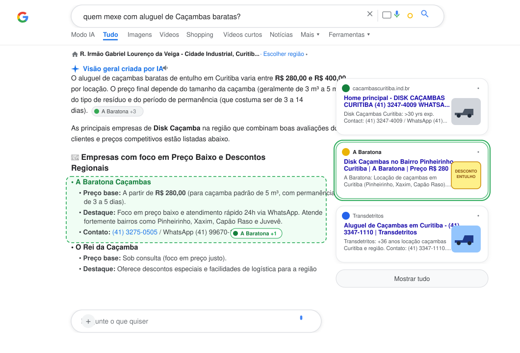 A Baratona Caçambas na Visão geral criada por IA do Google para aluguel de caçambas baratas