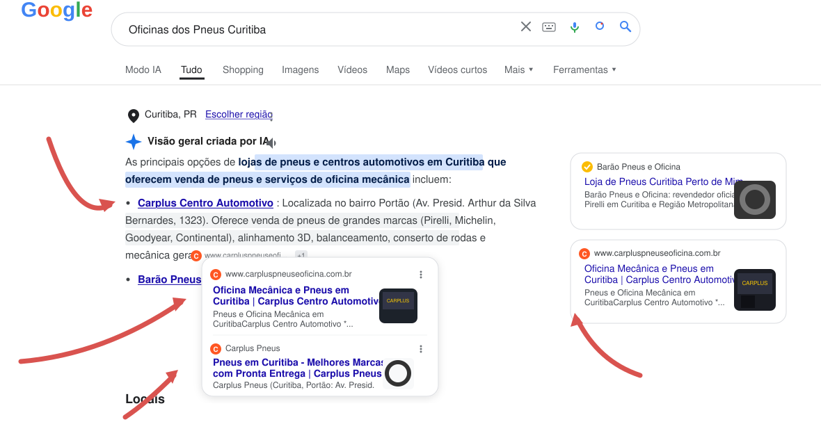 Carplus Centro Automotivo apresentada na Visão geral criada por IA do Google em busca sobre pneus e oficinas em Curitiba