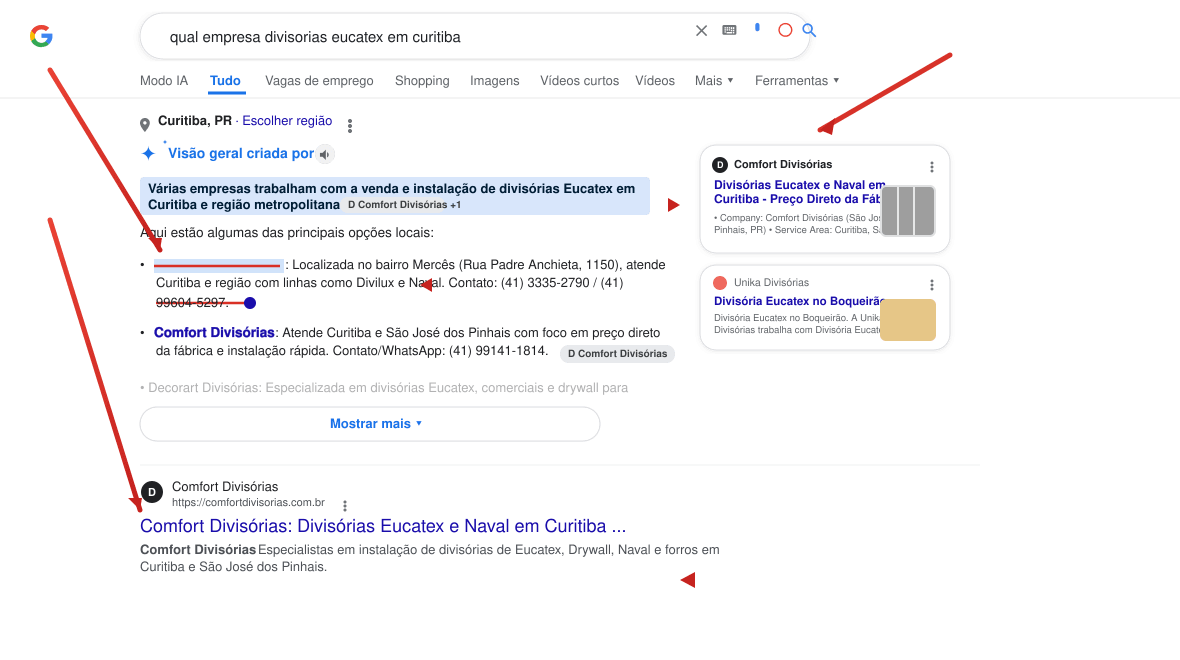 Comfort Divisórias na Visão geral criada por IA do Google para divisórias Eucatex em Curitiba