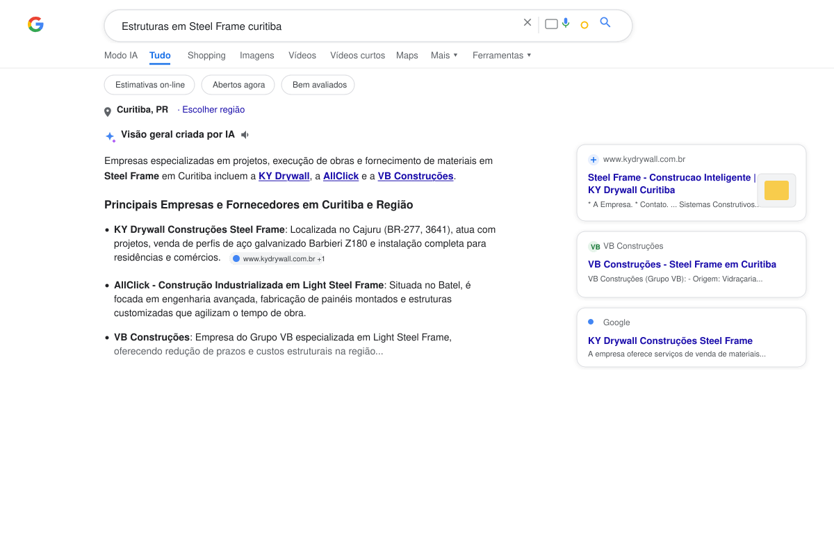 KY Drywall citada em primeiro destaque na Visão geral criada por IA do Google para Estruturas em Steel Frame curitiba