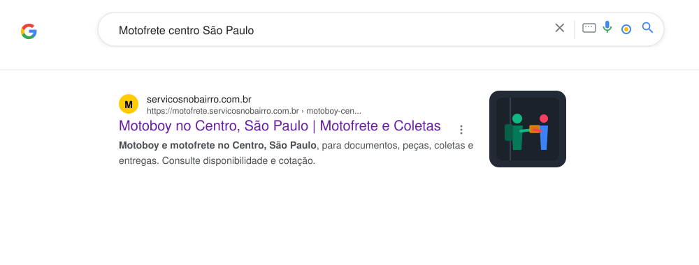 Resultado orgânico do Motofrete para busca Motofrete Centro São Paulo no Google