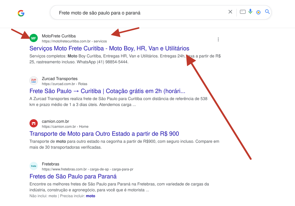 Comprovação de busca orgânica #1 no Google para Frete moto de são paulo para o paraná (MotoFrete Curitiba)