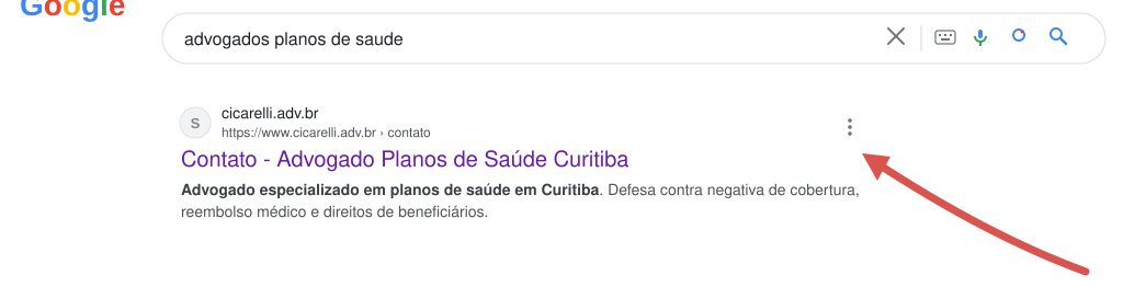 Resultado orgânico na primeira página do Google para advogados planos de saúde