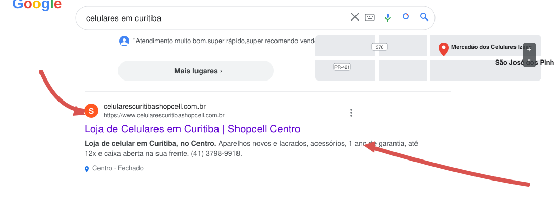 Shopcell posicionada no Google para celulares em Curitiba