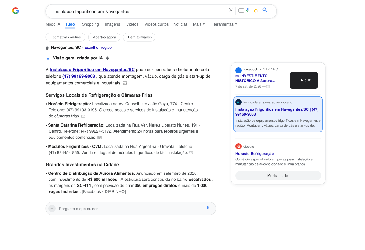 Google exibindo resultado relacionado a instalação frigorífica em Navegantes na Visão Geral criada por IA