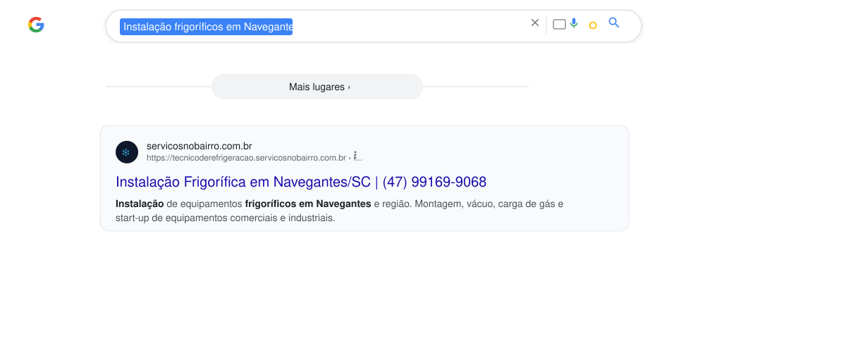 Resultado orgânico no Google para instalação frigorífica em Navegantes SC
